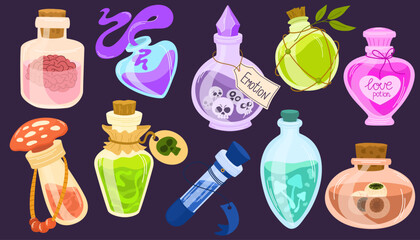 Cartoon bottles with magic potion. Alchemical drink magic jars, flasks, spells, poison, elixir, antidote. Halloween witch drinks in acid groovy funky cartoon style. Vector illustrations