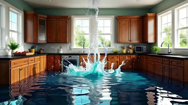 A kitchen flooded with water, with a water leak coming from the ceiling. The water has flooded the room, reaching the cabinets and appliances.