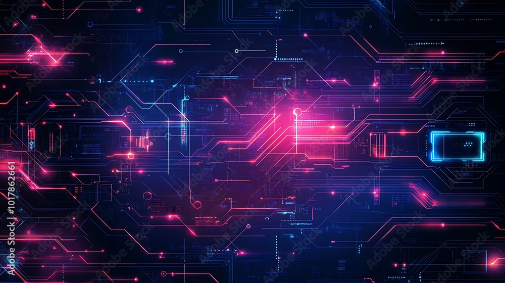 Poster Abstract digital technology background with glowing neon lines and circuit board patterns.