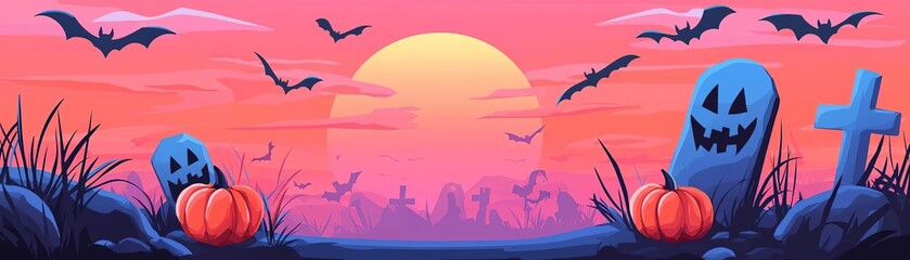 Fototapeta premium Pastel graveyard scene with bats and pumpkins, banner layout, flat design illustration