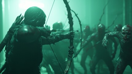 Defending Humanity - Survivors with Bows and Arrows in Epic Zombie Outbreak Battle, Cinematic Lighting and Ultra-Detailed Composition