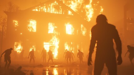 Fototapeta premium Apocalypse Survivor: Lone Hero Standing Amidst Zombies and Burning Building, Cinematic Lighting
