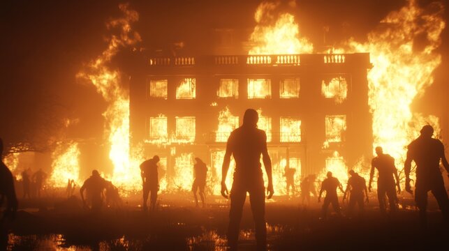Survivor in a Zombie Apocalypse - Haunting Cinematic Scene of Burning Building with Detailed Lighting and Undead Gathering