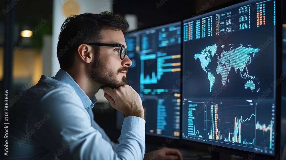 Poster man analyzing data on multiple computer screens