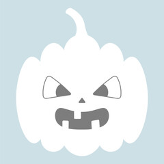 Pumpkin. White silhouette. Toothy grimace. Vector illustration. Isolated blue background. Flat style. Faded angry vegetable with teeth. Halloween symbol. Idea for web design