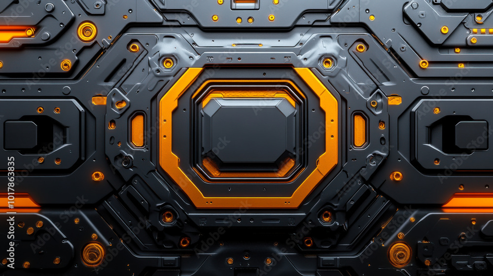 Poster high-tech abstract design featuring intricate patterns and vibrant orange accents set against a dark