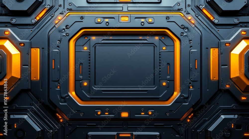 Poster high-tech abstract design featuring intricate patterns and vibrant orange accents set against a dark