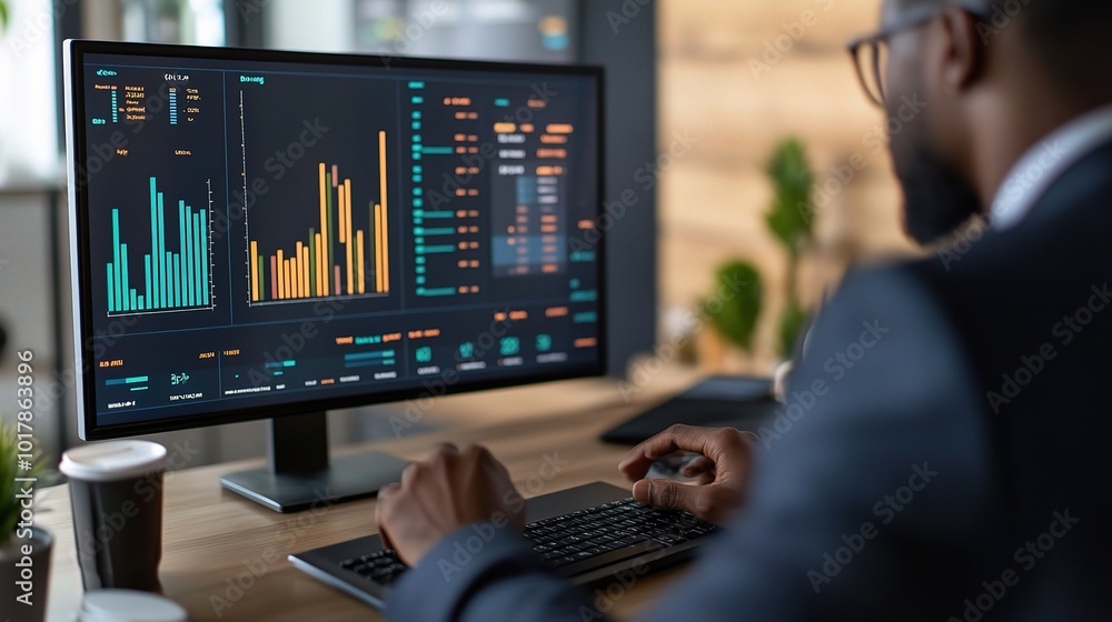Poster professional analysis of data on a computer screen