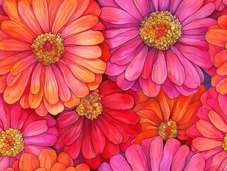 Seamless pattern of vibrant and colorful zinnia flowers in a seamless floral pattern.