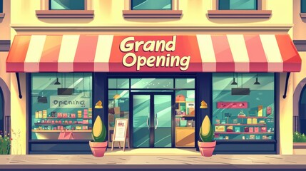 Small business storefront with a "Grand Opening" sign, cartoon style, cheerful color scheme, simple yet detailed illustration., ,