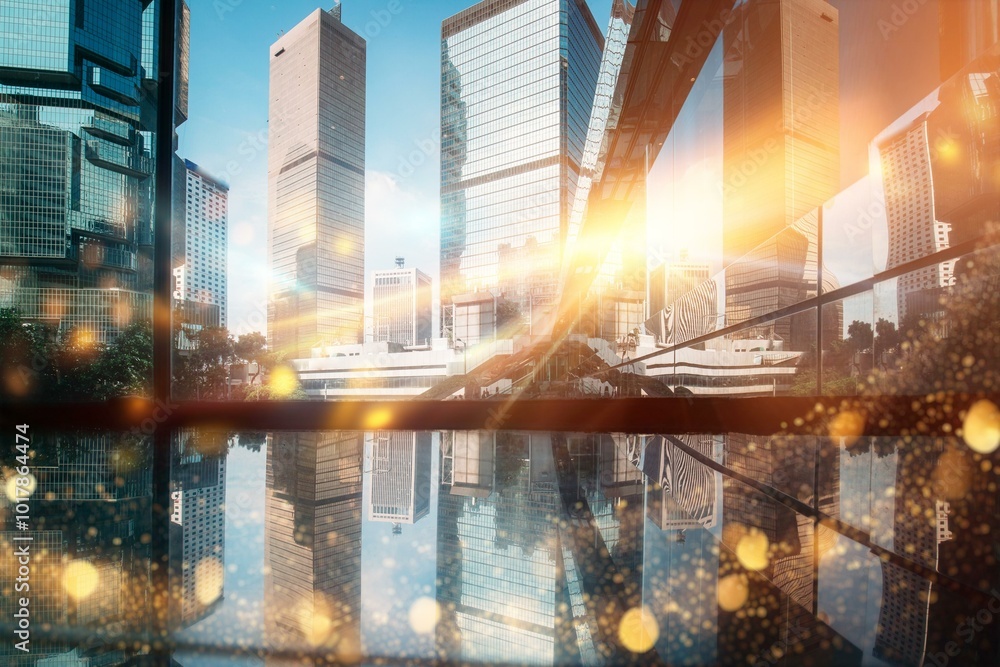 Poster the reflection of skyscrapers in a puddle, reflecting the glow of the setting sun.