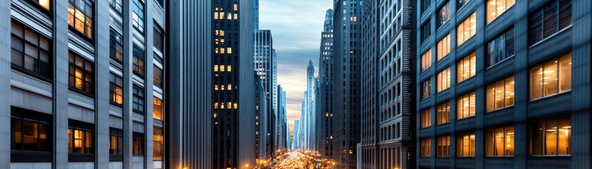 Fototapeta premium A stunning urban skyline at dusk, showcasing towering buildings and glowing windows, capturing the essence of city life.