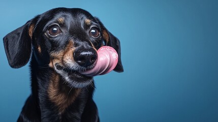 Dachshund licking its nose with tongue, looking to the side, on a blue background