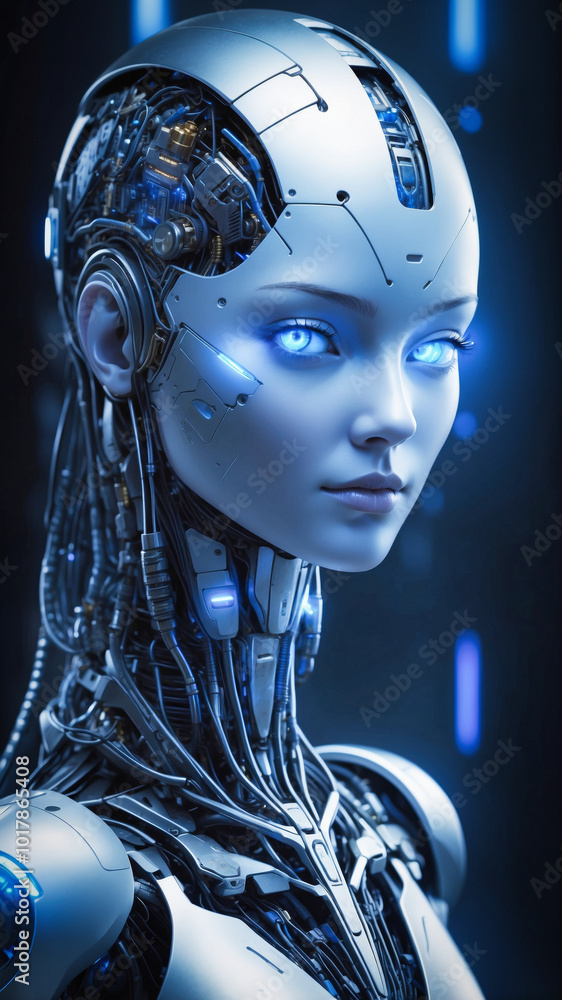 Poster a humanoid head with a neural network brain. artificial intelligence concept.
