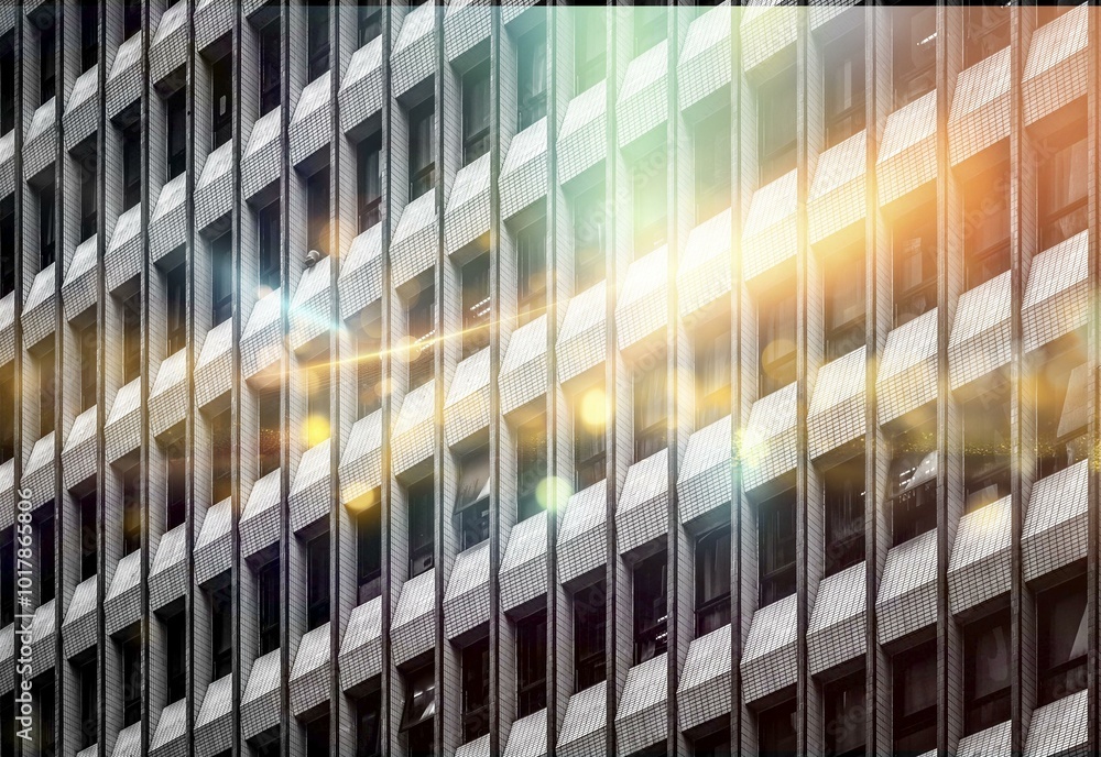 Leinwandbilder a close-up view of a modern hong kong building with tiled walls, windows, and a warm, hazy light shi