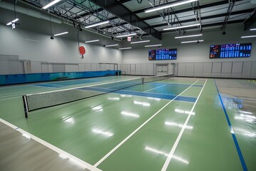 A pickleball court with modern LED lighting and a high-tech scoreboard emphasizing the professional and advanced setup