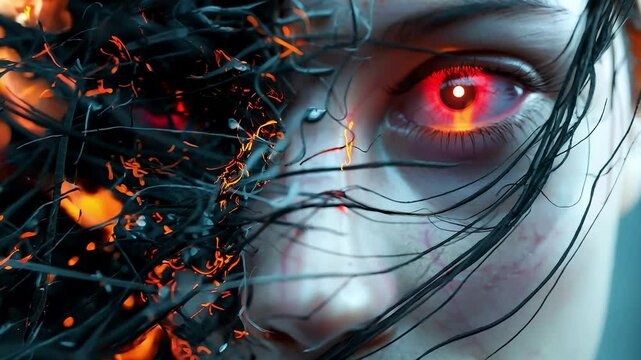 Portrait face of woman futuristic AI cyborg have a lot of cables and wires, Woman with cyborgized brain	