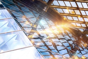 A low-angle view of a modern building's glass facade, with bright sunlight shining through the...