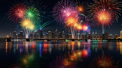 Obraz premium vibrant display of multicolored fireworks exploding over a city skyline at night, with reflections shimmering on a nearby river.
