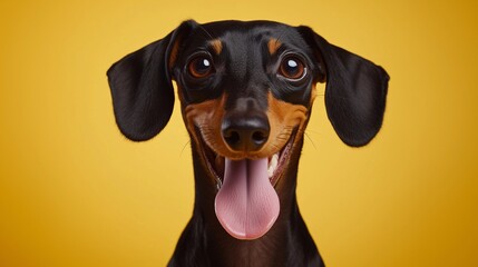 Happy black and tan Dachshund smiling with tongue out, on a yellow background