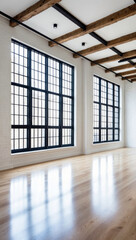 A spacious, modern industrial-style loft with large windows