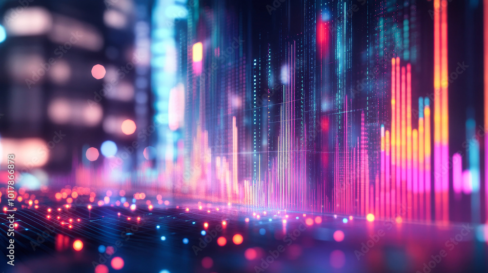 Poster abstract financial background with glowing stock charts and bar graphs