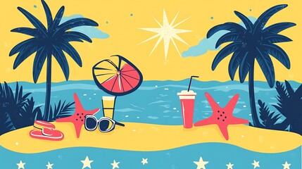 A beach scene with palm trees, a beach umbrella, a drink, sunglasses, flip flops and starfish on the sand.