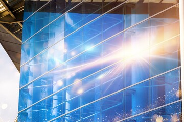 Sunlight shines through a modern glass building.