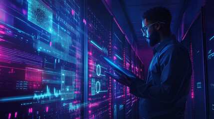 Explore a futuristic cityscape where AI and human connections are made through hands and fingers on touch screens, Man Standing in Long Hallway in Data Center.