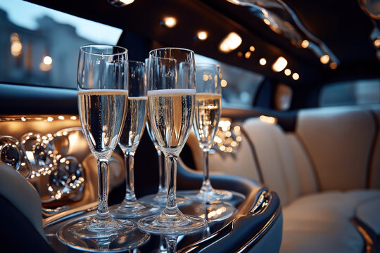 Four champagne glasses filled with sparkling wine placed inside a luxurious limousine with ambient lighting and plush seating. - Powered by Adobe