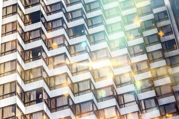 A building with a geometric pattern of windows and tiled walls, illuminated by sun glare.