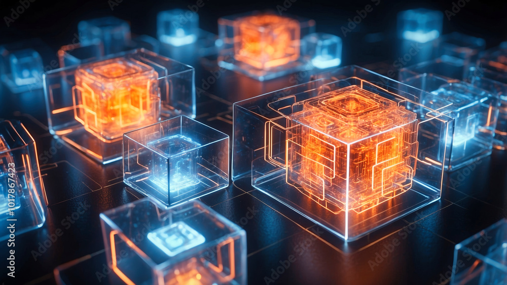 Poster interconnected transparent cubes in an abstract technology composition
