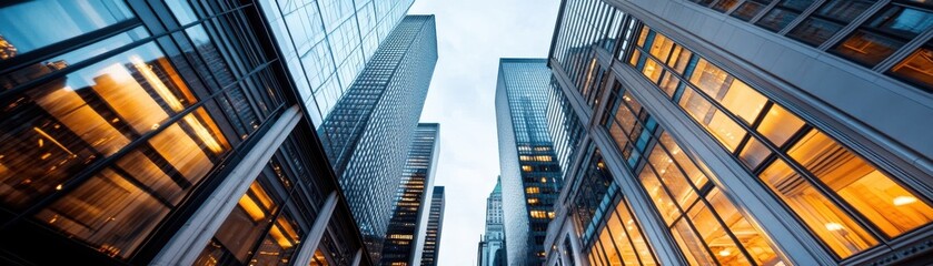 Naklejka premium A stunning view of modern city buildings towering against a clear sky, showcasing sleek architecture and vibrant windows.