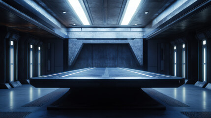 Obraz premium Futuristic interior of a sci-fi laboratory featuring a sleek, illuminated table and metallic walls, captured in a dimly-lit environment
