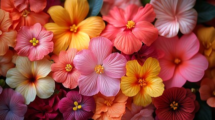 A vibrant and colorful collection of tropical flowers in various shades of red, orange, pink, yellow, and purple.