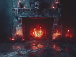 Dark and Mysterious Fireplace with Flickering Flames