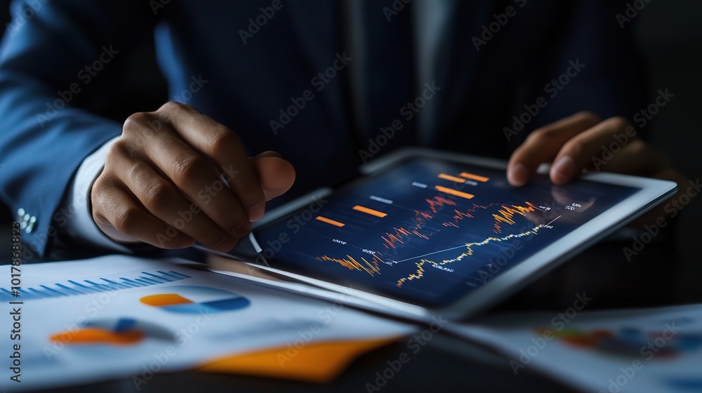 Poster data analysis with tablet in modern business setting