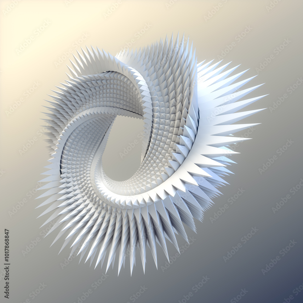 Poster digital illustration of a white abstract figure in the shape of a moebius ring. 3d rendering