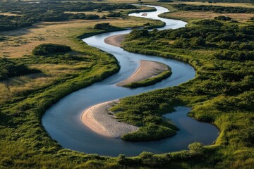 Naklejka premium Aerial view of a winding river with lush greenery and sandbanks along its course through a vast, open landscape.