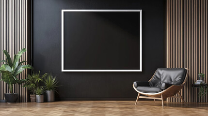 Cozy living room with a white fabric couch, two wooden armchairs, a round wooden coffee table, A blank frame mockup in a modern interior with a trendy vase and chair against an empty white wall.chair 