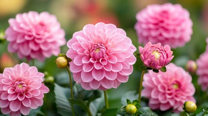 A cluster of bright pink dahlias in full bloom set against a lush, vibrant green garden backdrop, capturing nature's delicate beauty in a lively scene. © Joachim