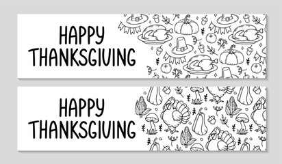 Thanksgiving Billboard set. Horizontal invitation background. Cozy Autumn doodle pattern. Turkey, pumpkin, flags, leaves, hat, acorns. Fall season banners template. Vector outline illustration.