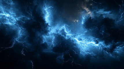 Hazardous storm with bright lightning flashing, the atmosphere charged with energy and danger, Lightning bolts illuminating a dark sky during a heavy storm, extreme weather, intense energy.