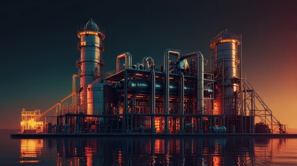 Obraz premium A large industrial plant with tall towers and a complex network of pipes and structures stands silhouetted against a dramatic sunset sky.