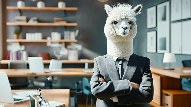 Alpaca businessman in suit standing with arms crossed, looking at camera in modern office	