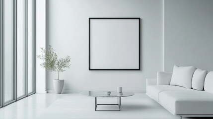 Empty gallery space with a large white canvas and potted plants in a modern interior design, A living room setting featuring a chair and a potted plant, minimalist and cozy.