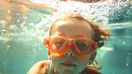 A little girl children playing under the pool with goggles summer concept	