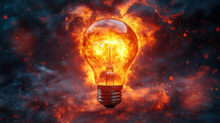 A glowing light bulb surrounded by vibrant colors and dynamic sparks illustrates creativity and innovation in a surreal setting
