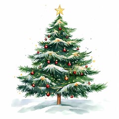 Christmas Tree, watercolor style illustration, isolated on solid white background