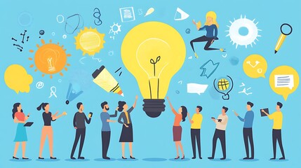 Group of People Brainstorming with Lightbulb and Doodle Ideas